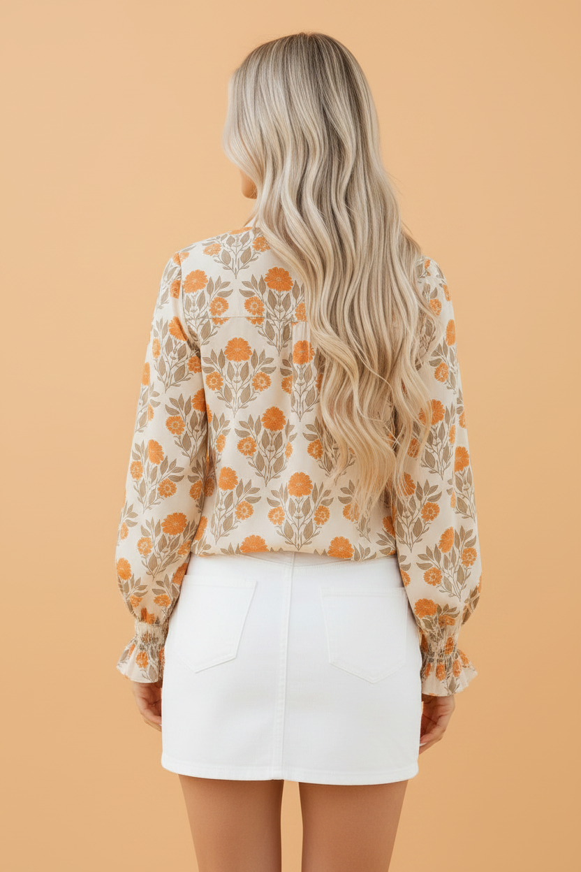 Floral Contrast Detail V-Neck Long Sleeve Blouse