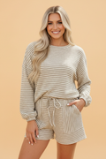 Stripe Long Sleeve Textured Knit Top & Drawstring Shorts Set