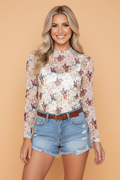 Western Cowboy Floral Sheer Mesh Long Sleeve Top