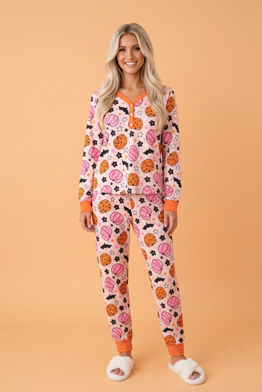 Halloween Pumpkin Long Sleeve Top & Pants Lounge Set