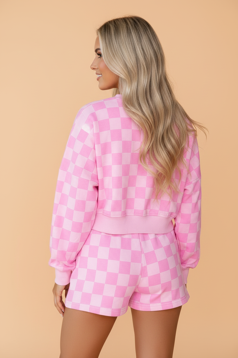 Checker Long Sleeve Crop Top & Elastic Waist Shorts Set