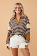 Stripe Colorblock Collared V-Neck Long Sleeve Top