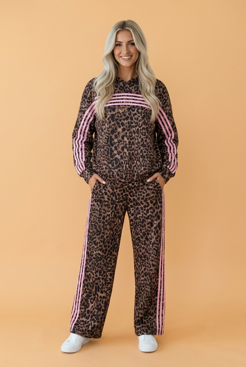 Leopard Contrast Stripe Hoodie & Drawstring Pants Set