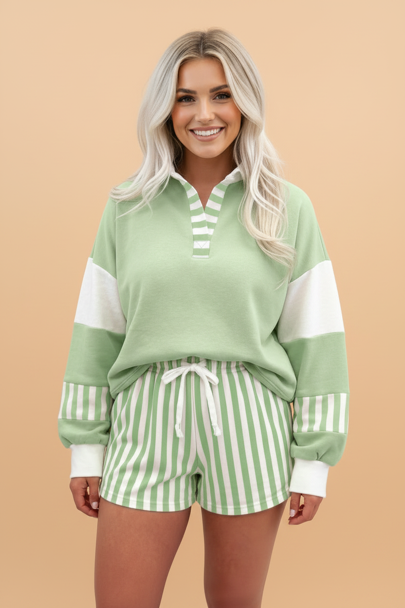 Stripe Colorblock Pullover Top & Drawstring Shorts Set