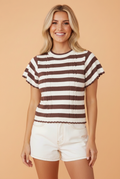 Stripe Ribbed Trim Short Sleeve Cable Knit Top