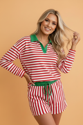 Stripe Colorblock Long Sleeve Collar Top & Shorts Set