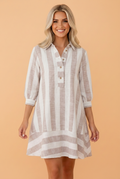Stripe Buttoned Collar 3/4 Sleeve Shift Dress