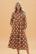 Polka Dot Buttoned Long Sleeve Tiered Midi Dress