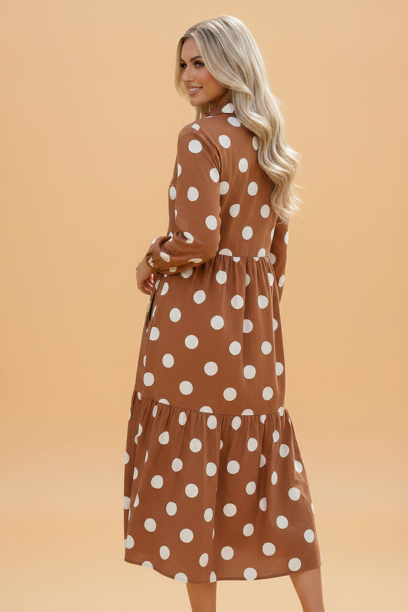 Polka Dot Buttoned Long Sleeve Tiered Midi Dress
