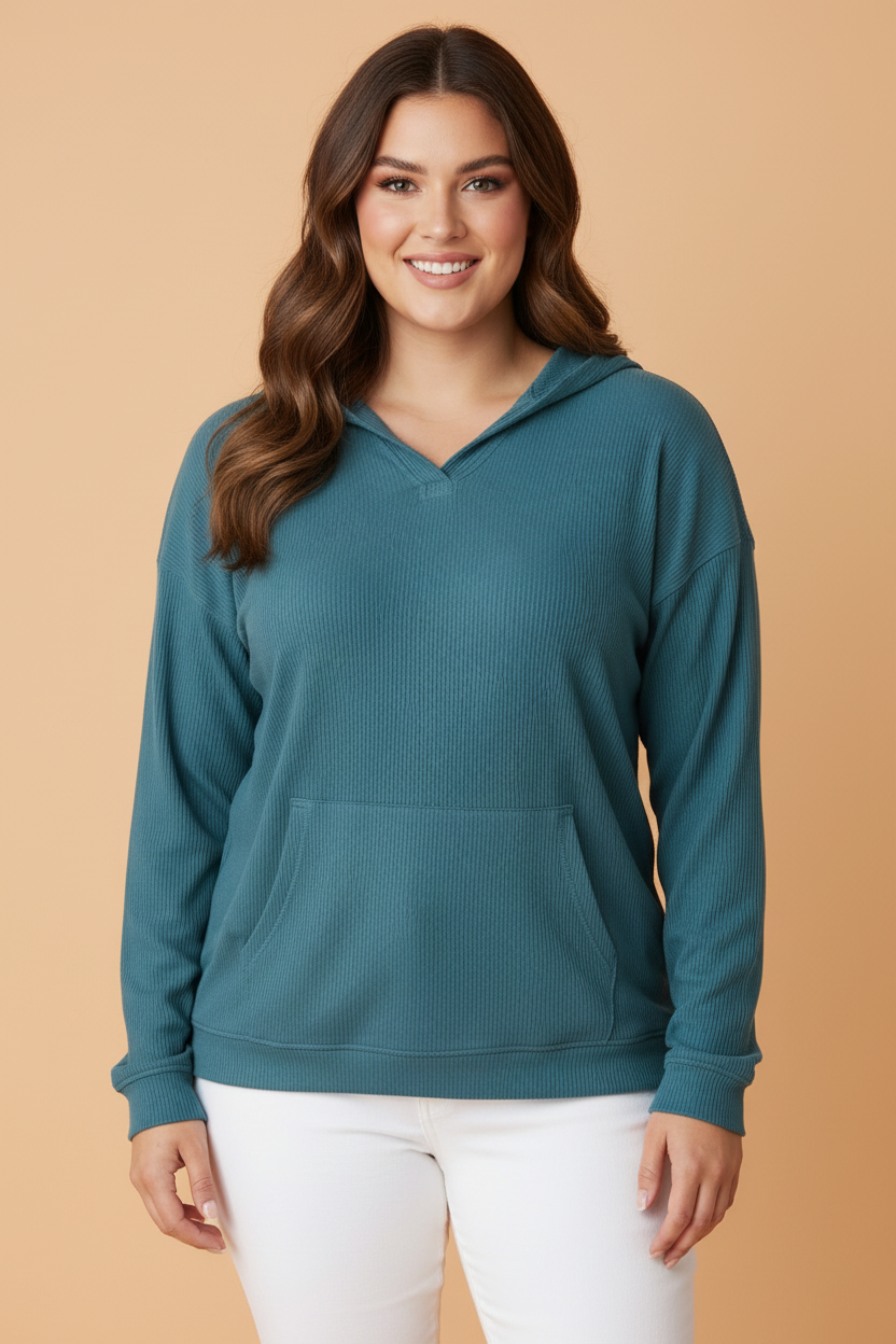 Plus Size Ribbed Drop Shoulder Long Sleeve Hooded Sweatshirt