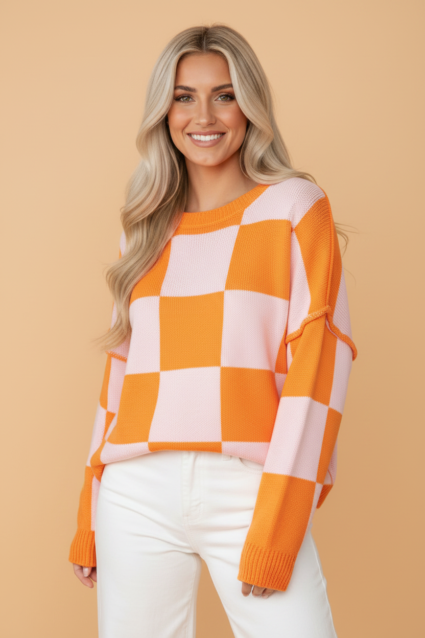 Checker Exposed Seam Drop Shoulder Long Sleeve Sweater