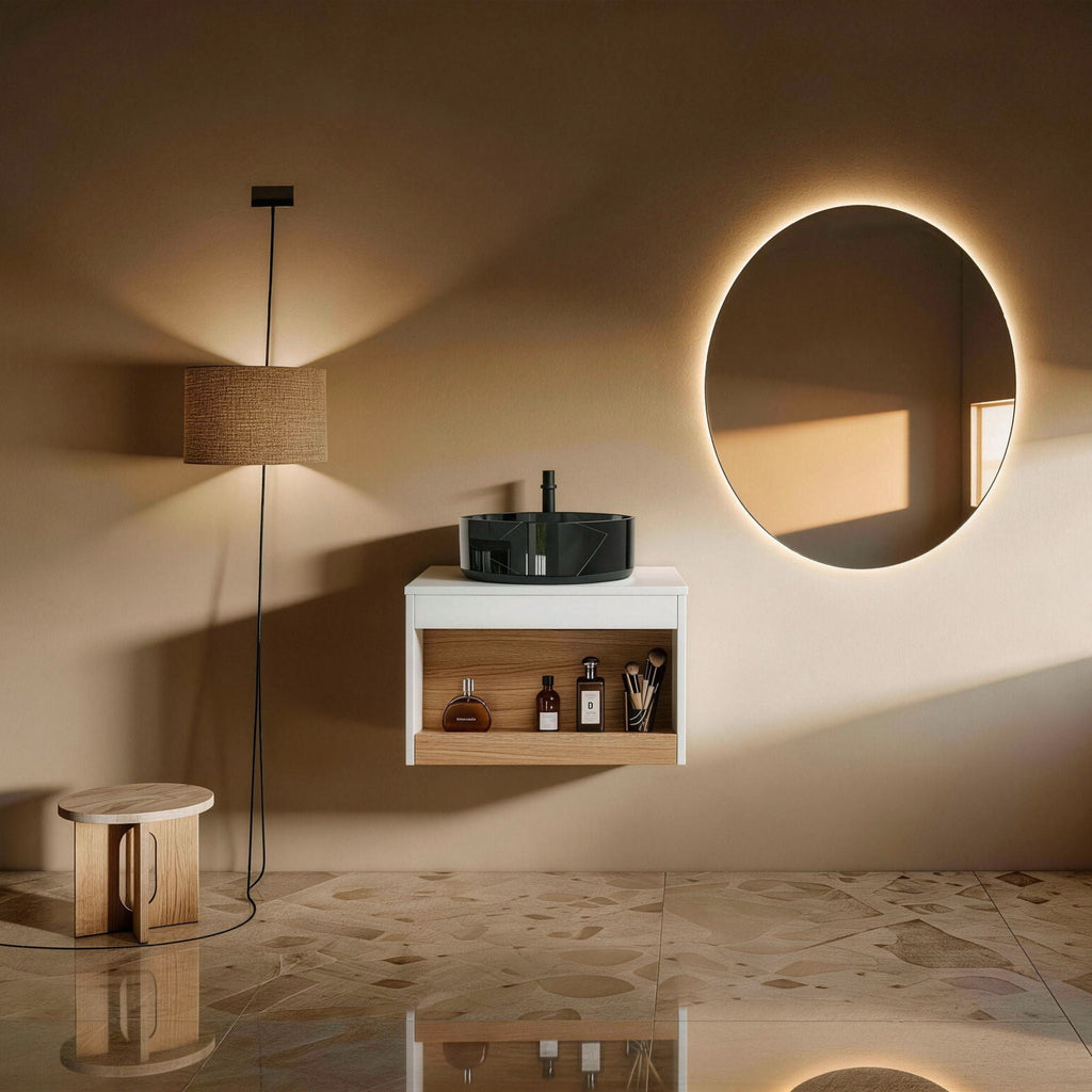 Floating Bathroom Vanity With Vessel Sink With Open Shelf Storage