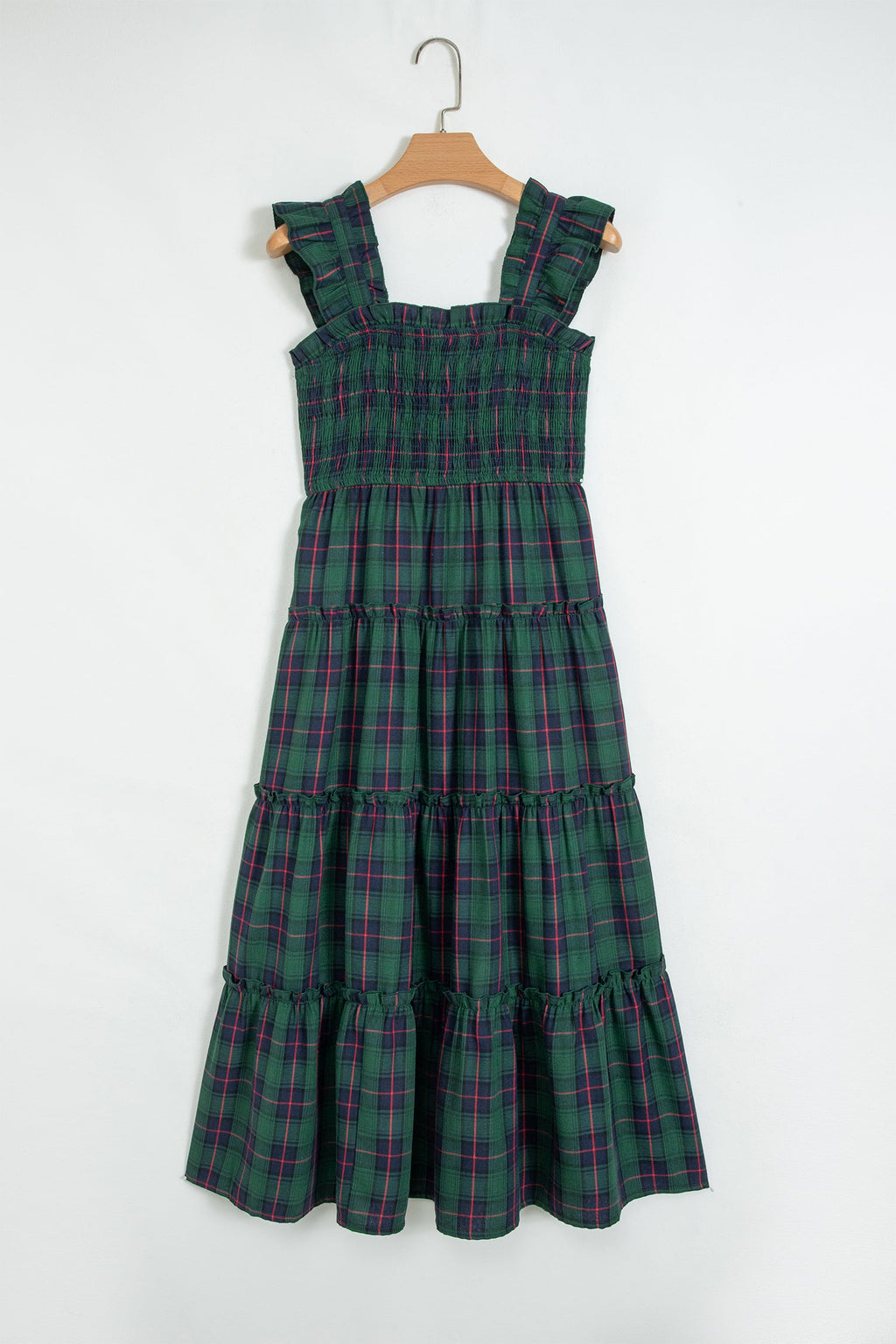 Plaid Ruffle Sleeveless Shirred Tiered Midi Dress