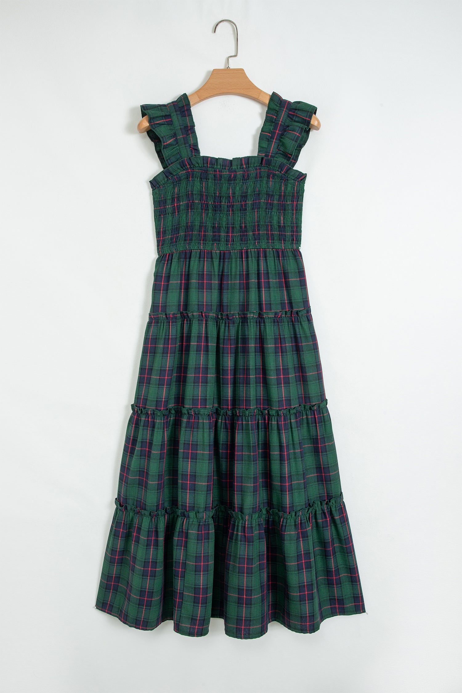 Plaid Ruffle Sleeveless Shirred Tiered Midi Dress