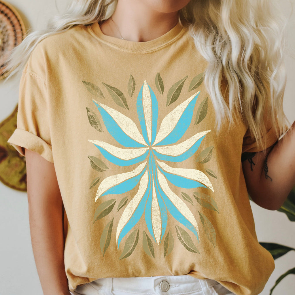 Boho Folk Art Flower And Leaves Boho Inspired Floral Motif With Leaf Accents Comfort Colors Tee