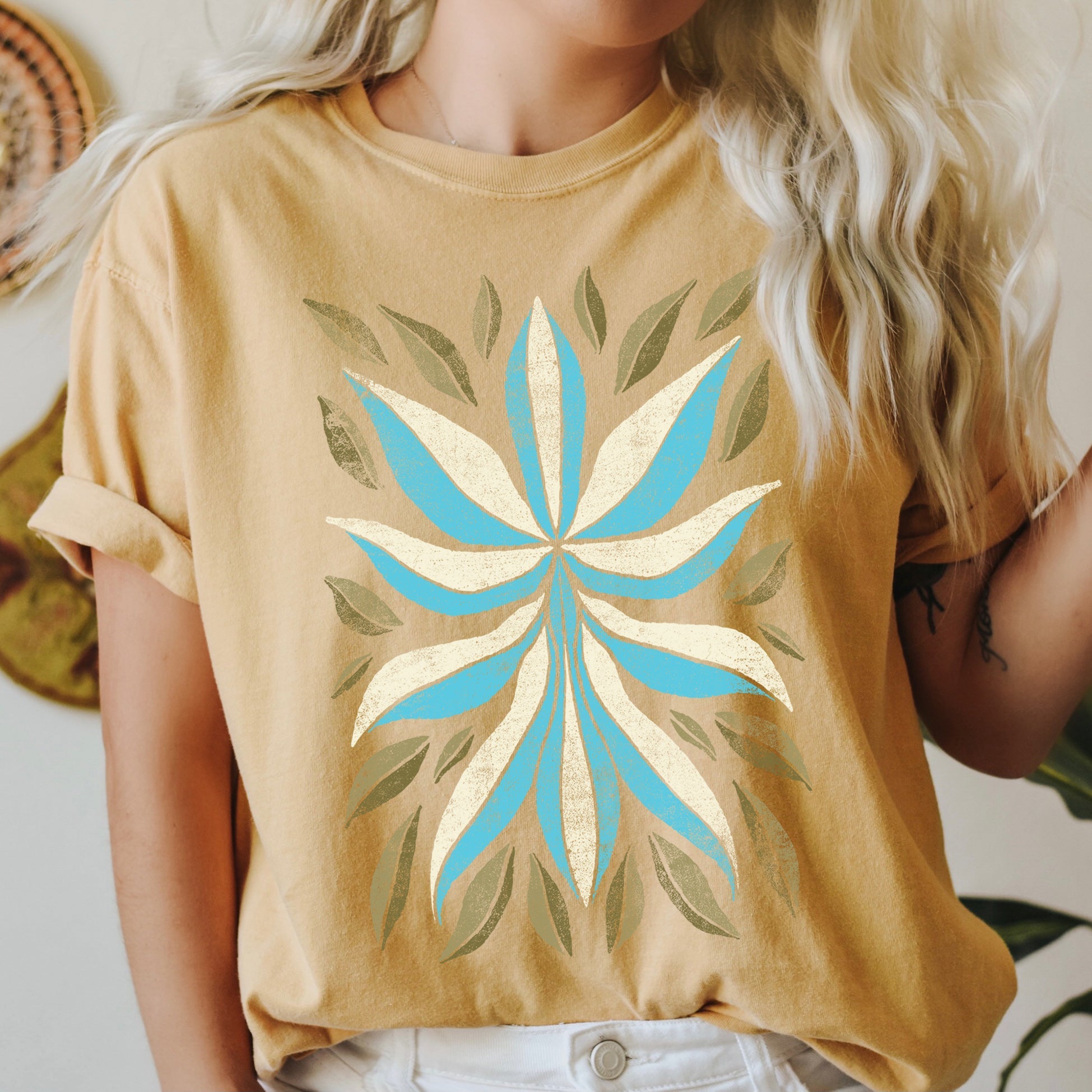 Boho Folk Art Flower And Leaves Boho Inspired Floral Motif With Leaf Accents Comfort Colors Tee