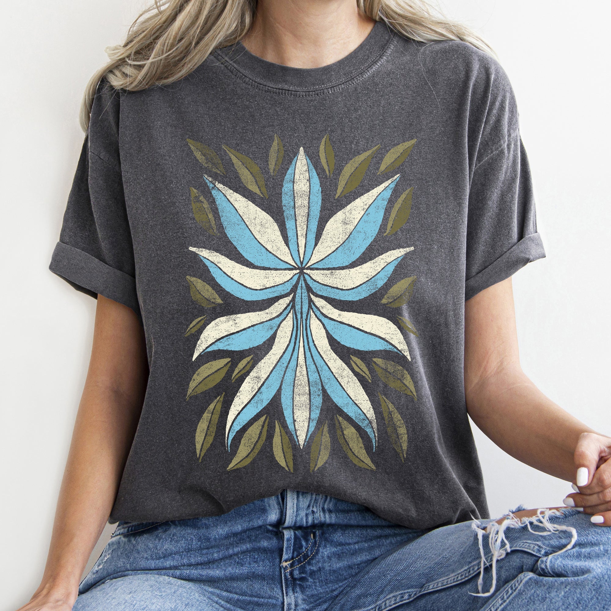 Boho Folk Art Flower And Leaves Boho Inspired Floral Motif With Leaf Accents Comfort Colors Tee