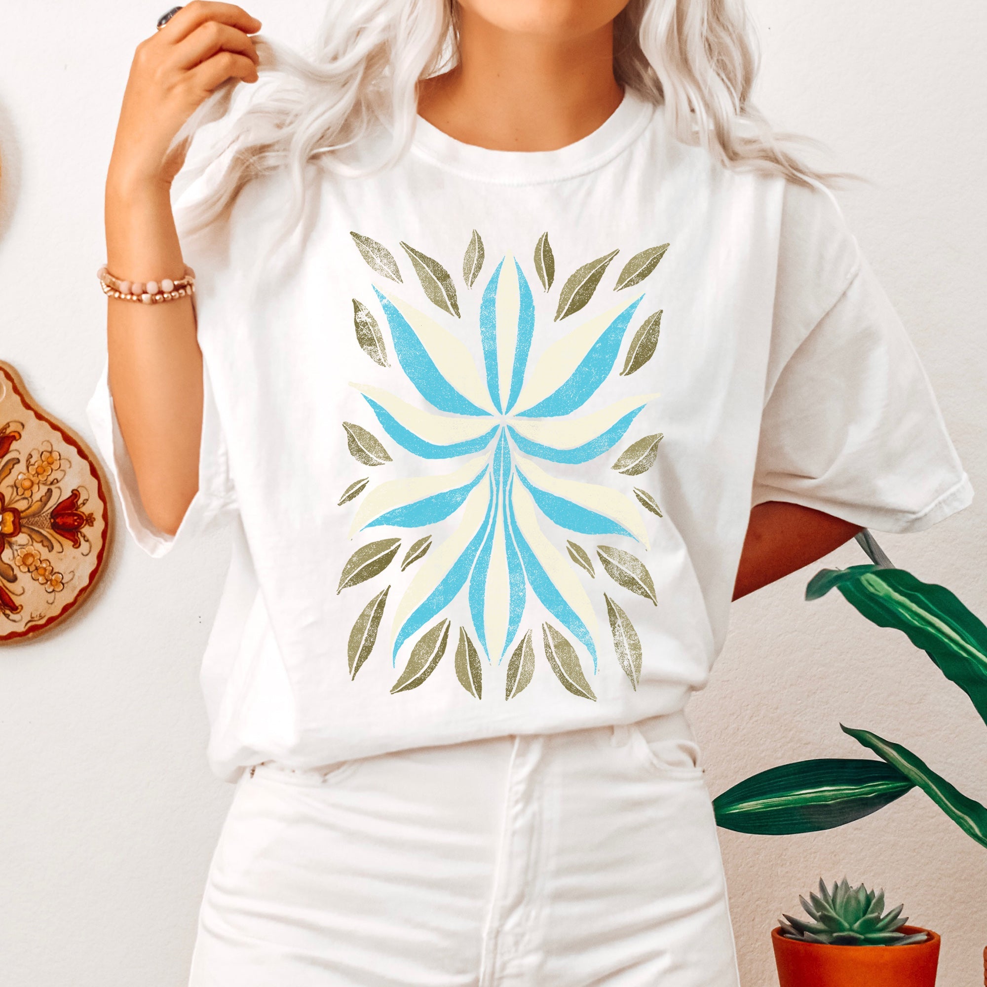 Boho Folk Art Flower And Leaves Boho Inspired Floral Motif With Leaf Accents Comfort Colors Tee