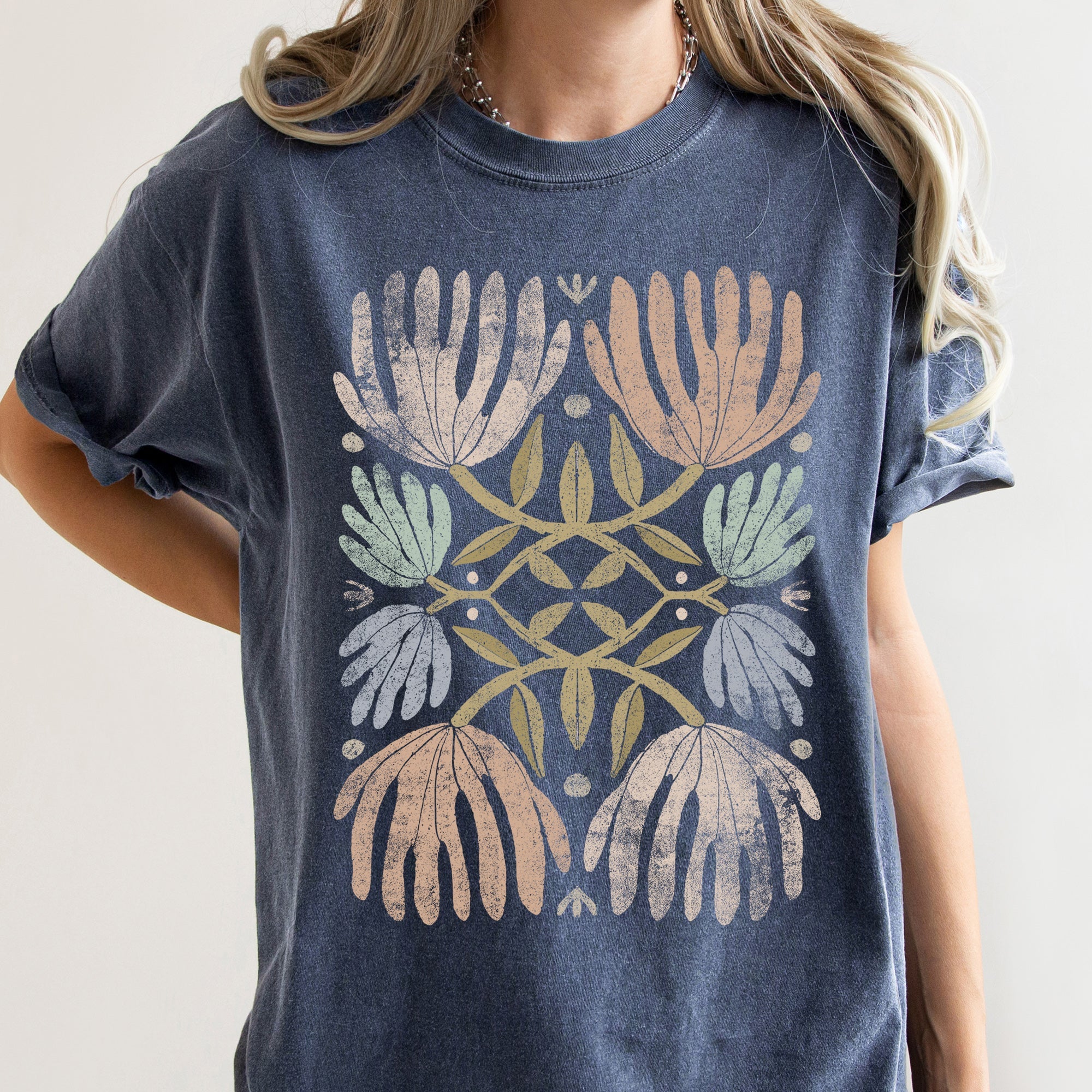 Boho Folk Art Chic Floral Intricate Floral Motif With Rattan Accents Comfort Colors Tee