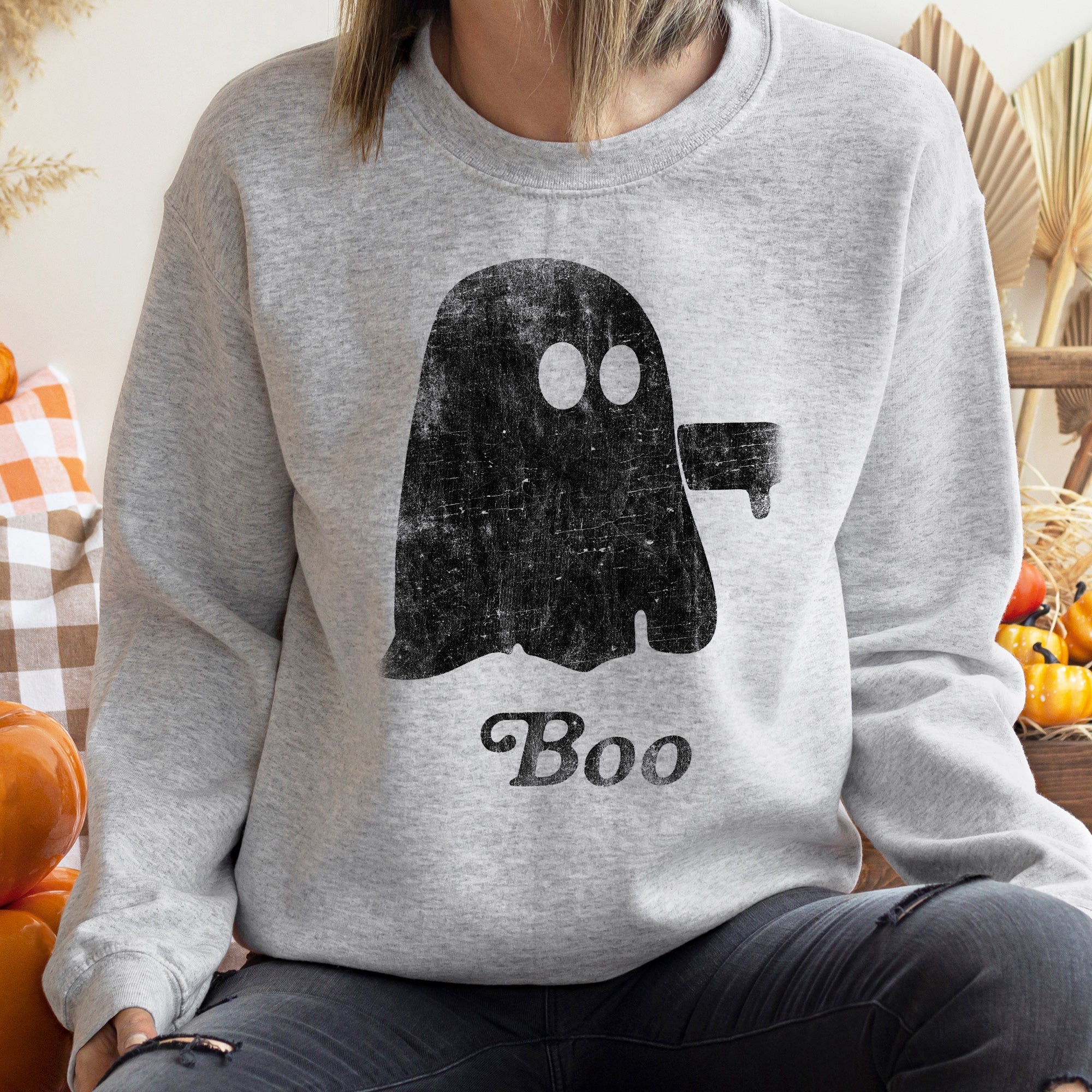 Boo Vintage Ghost Halloween Cozy Spooky Night Graphic Print Edition Autumn Nights And Cozy Fireside Moments Sweatshirt