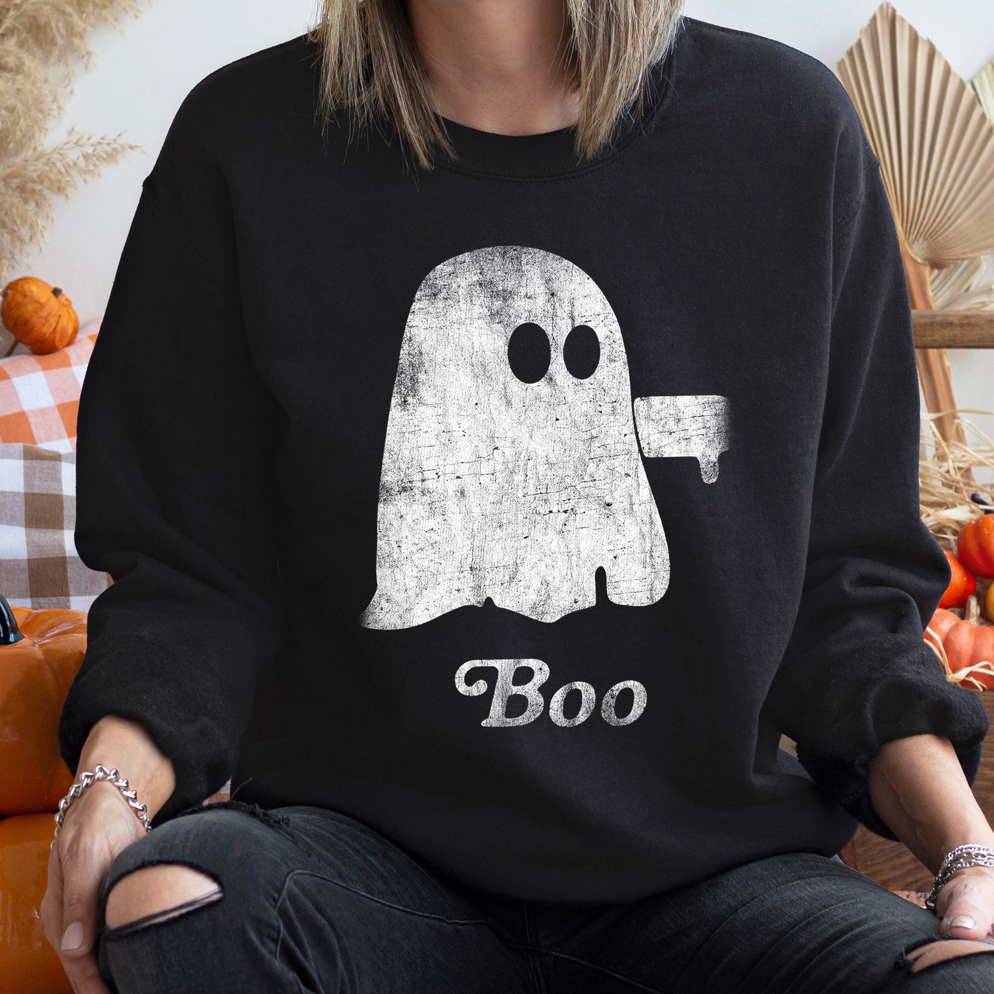 Boo Ghost Halloween Nightfall Cozy Fleece Graphic For Halloween Enthusiasts Sweatshirt