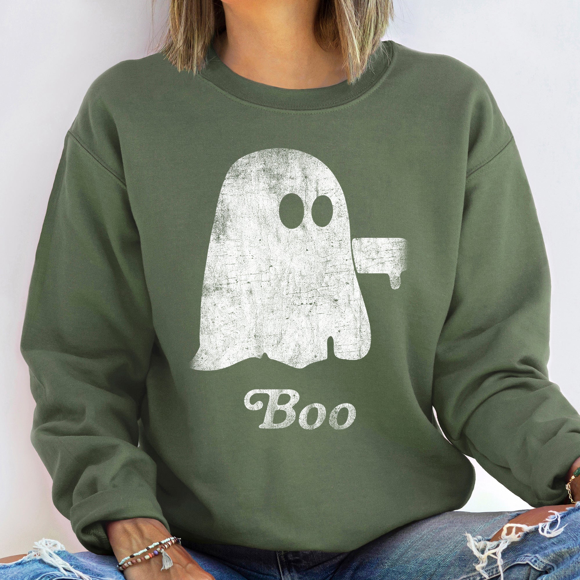 Boo Ghost Halloween Nightfall Cozy Fleece Graphic For Halloween Enthusiasts Sweatshirt