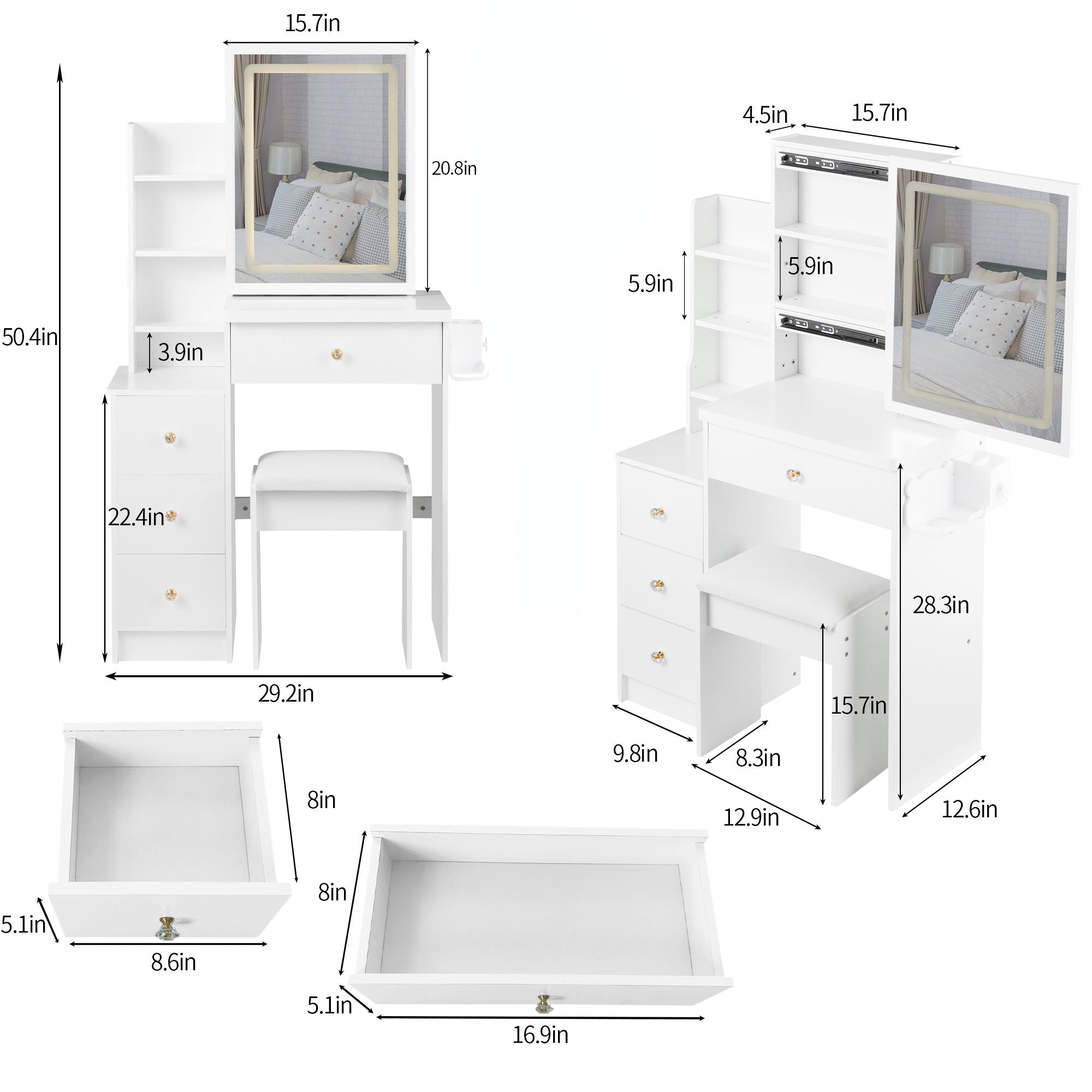 Cabinet Vanity Table & Cushioned Stool, USB Power Station, Hair Dryer Bracket - White