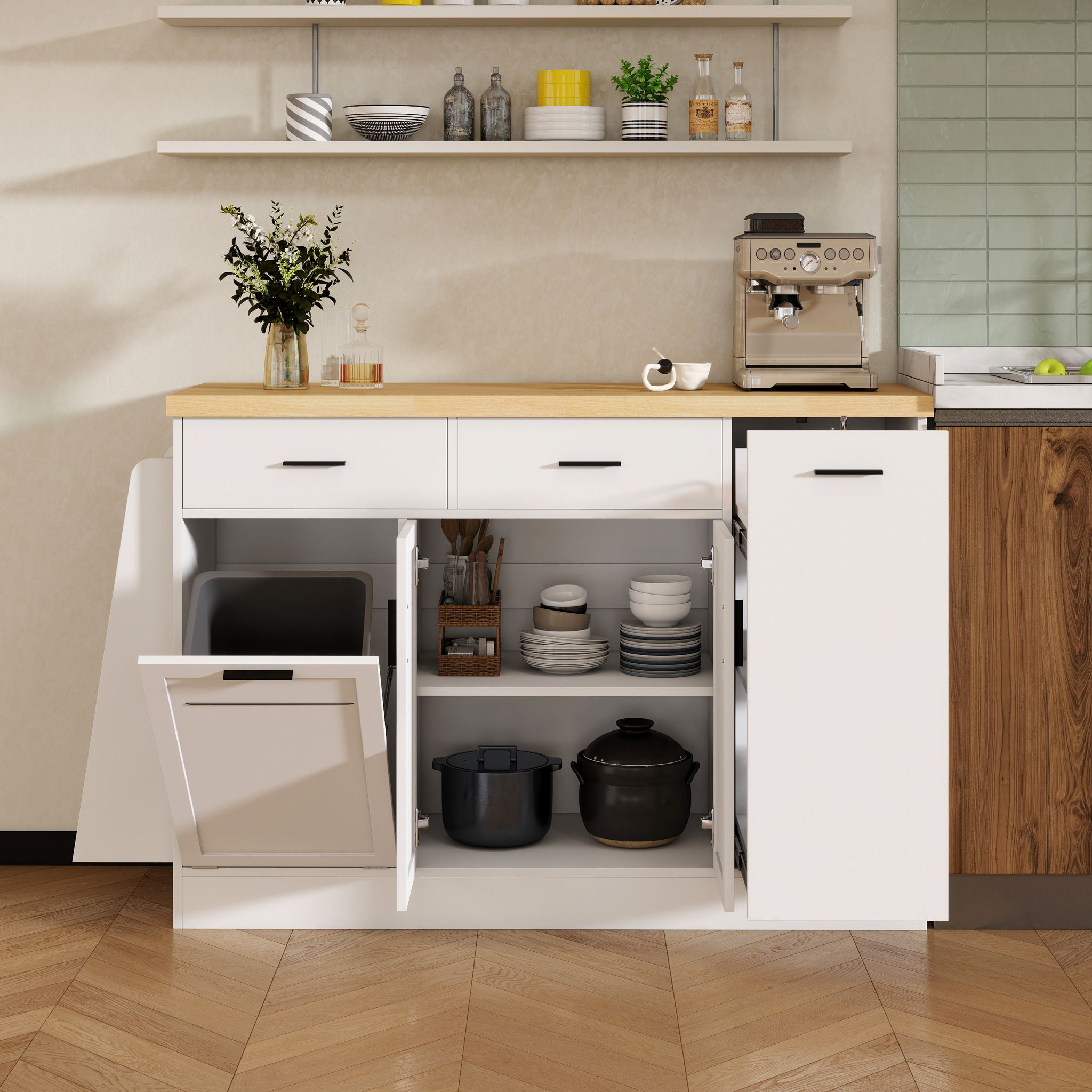 Kitchen Sideboard With Sliding Door Cabinet, 3 Tier Spice Rack