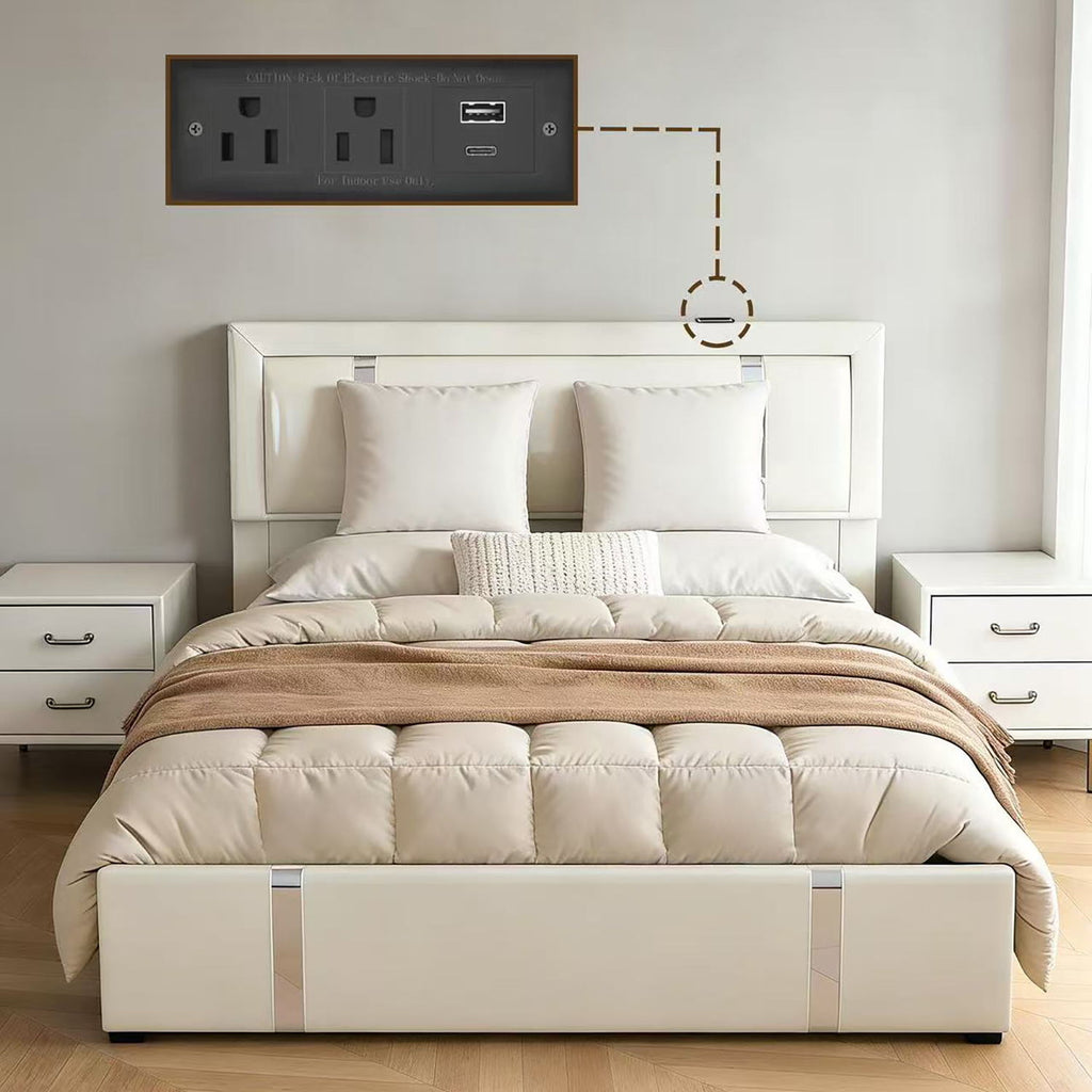 Upholstered Platform Bed Frame With Adjustable LED Headboard, USB C-Charging, Hydraulic Lift