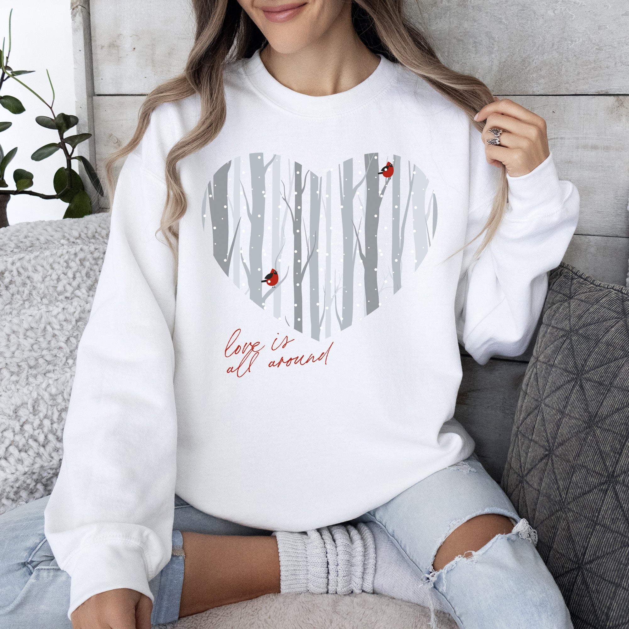 Love Is All Around Winter Forest Cardinal Heart Scene With Snowflakes And Cardinal Birds Sweatshirt