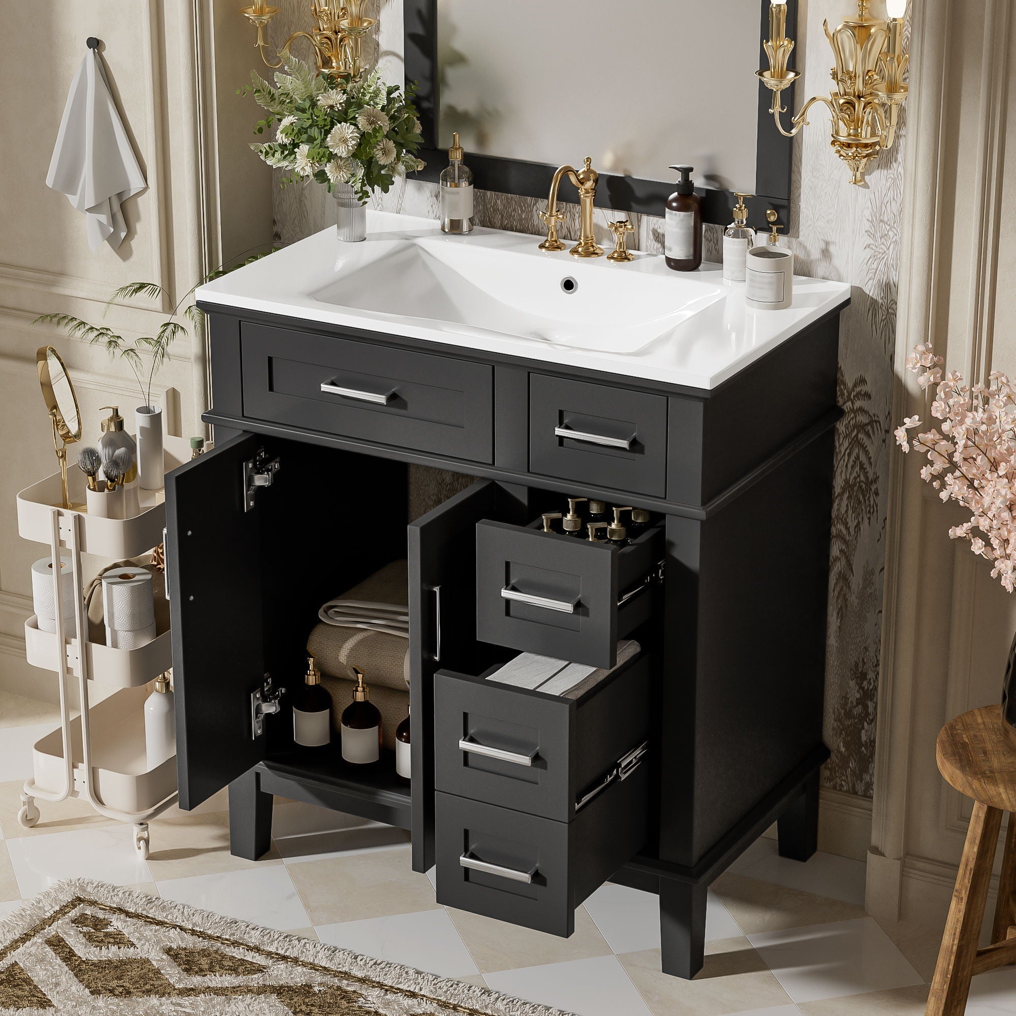 Modern Bathroom Vanity With Sink, Storage Cabinet, Soft Close Doors, Deep & Standard Drawers