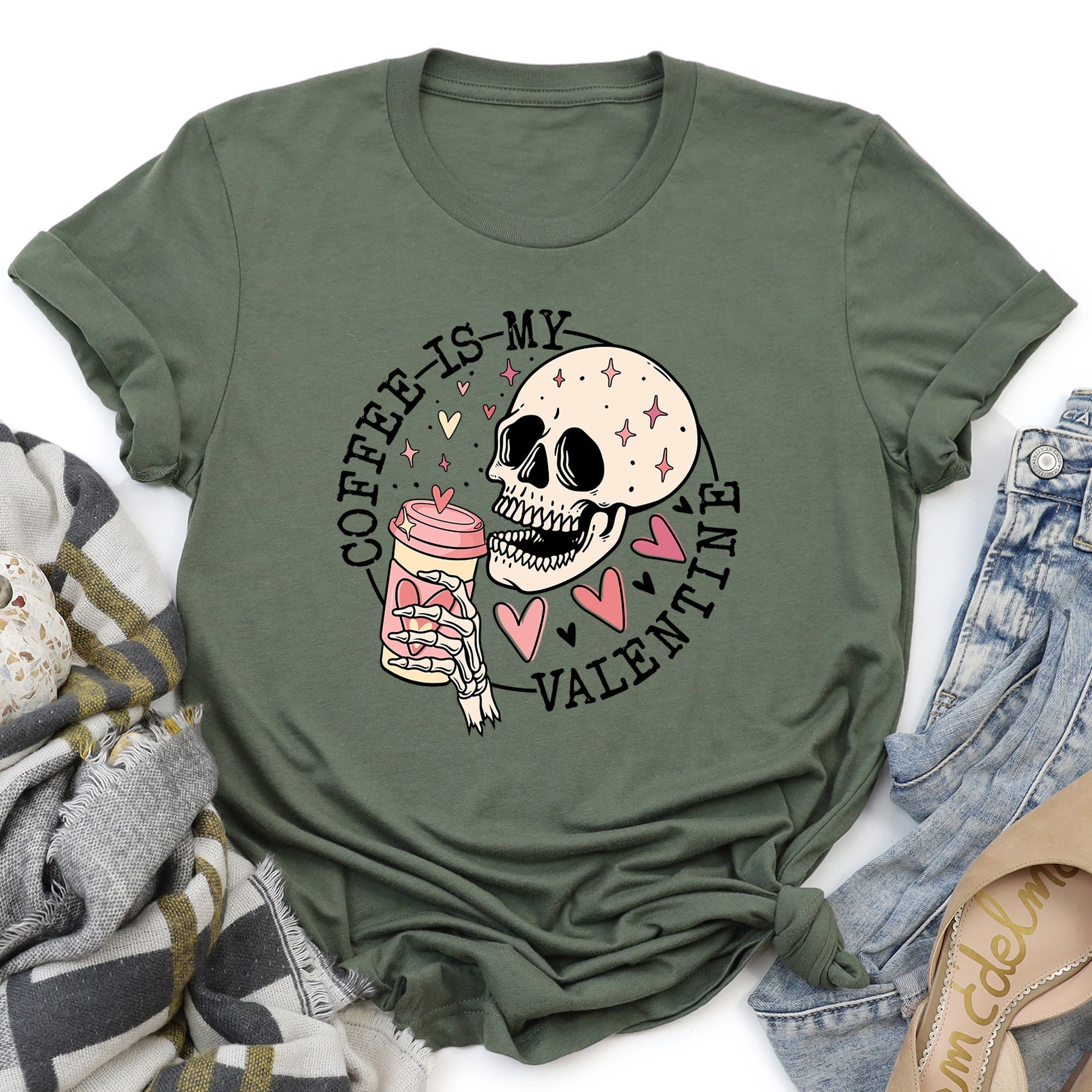 Coffee Is My Valentine Skeleton Caffeine For Coffee Lovers Valentine's Day Edition Graphic Tee