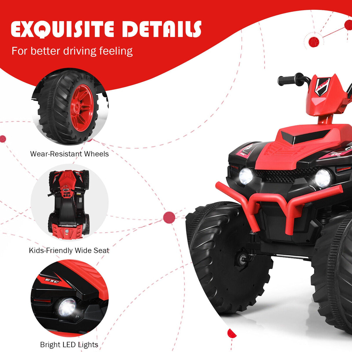 Costway 12V Kids ATV Quad Ride On Car with LED Light & Music in Red