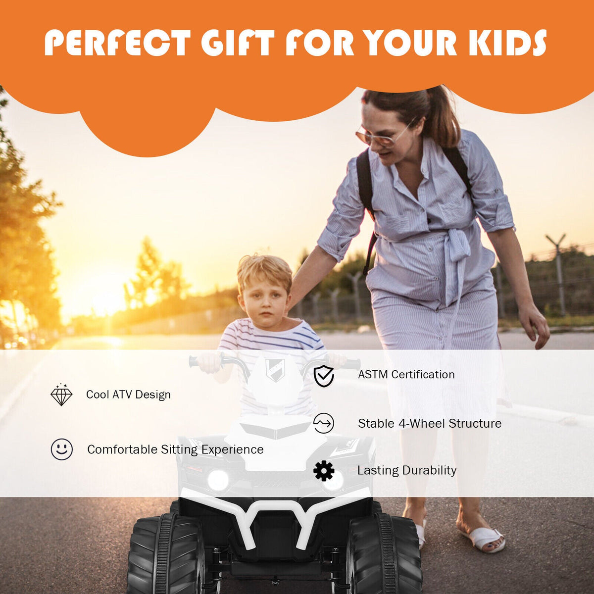 Costway 12V Kids ATV Quad Ride On Car with LED Light & Music - White