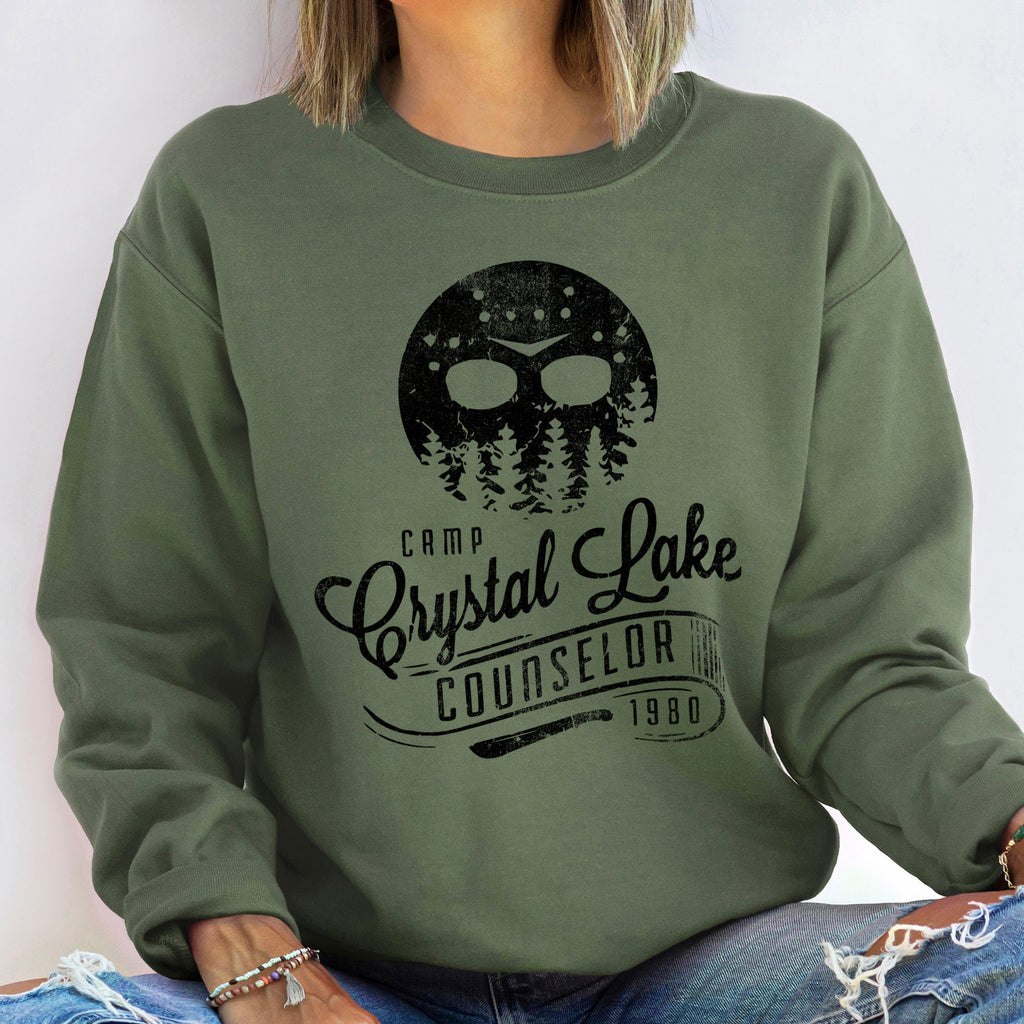 Crystal Lake Halloween Night Scene Haunted Campfire Moonlit Forest Graphic Sweatshirt