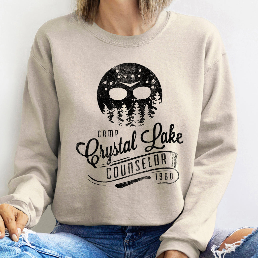 Crystal Lake Halloween Night Scene Haunted Campfire Moonlit Forest Graphic Sweatshirt