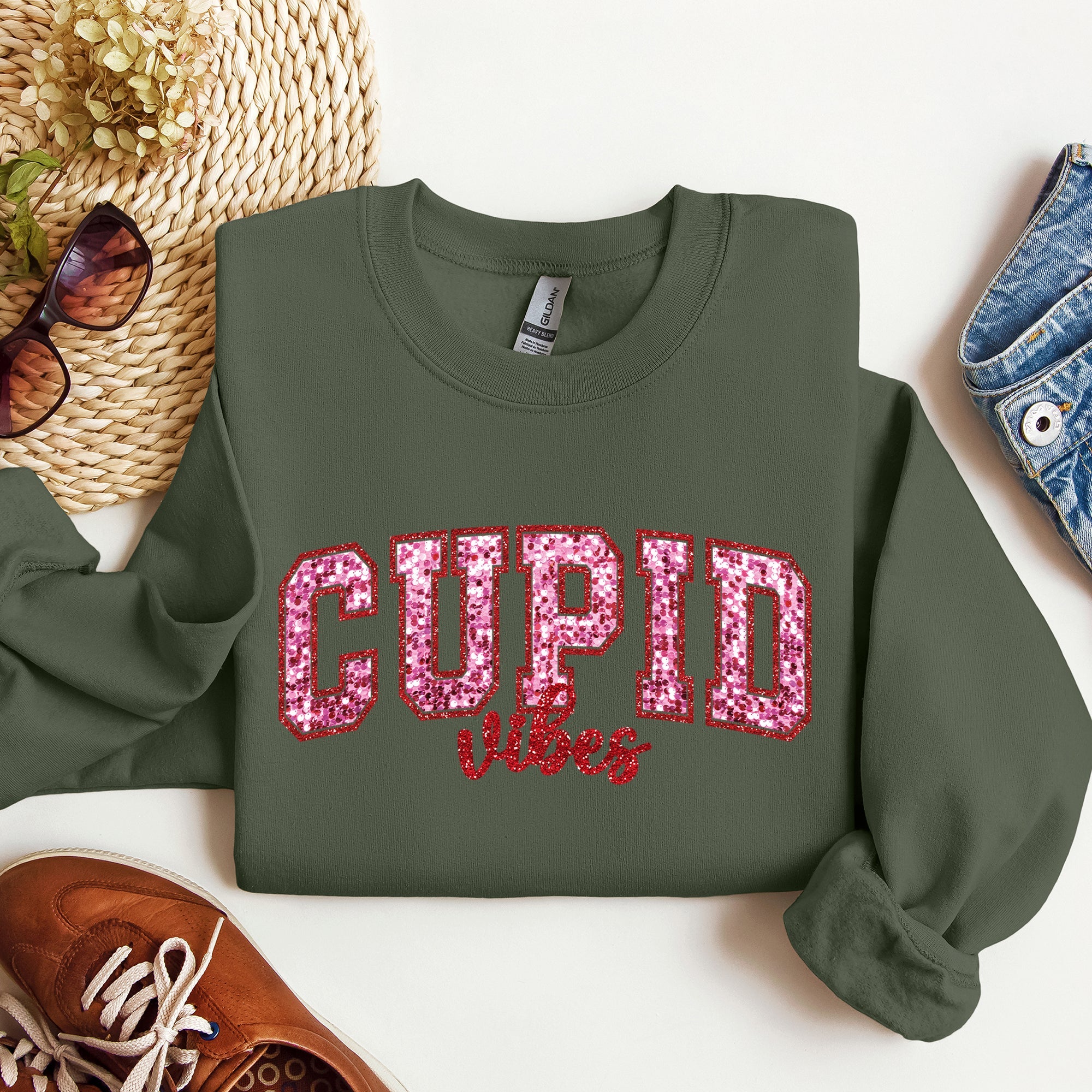 Cupid Vibes Collegiate Love Valentine's Day Cozy Premium Cotton Blend Fleece Sweatshirt