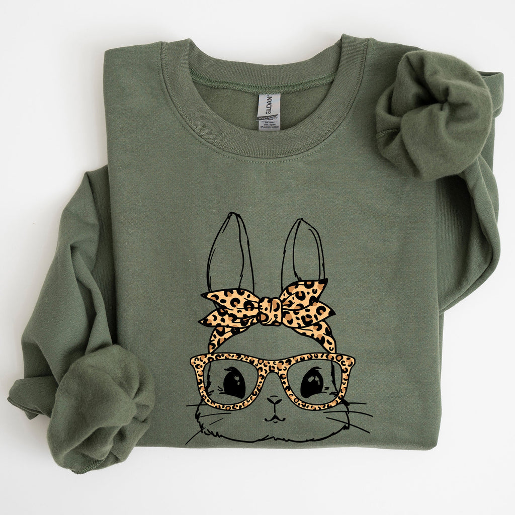 Cute Bunny With Glasses Leopard Bandana Easter Hipster Illustration Print On Vintage Inspired Sweatshirt