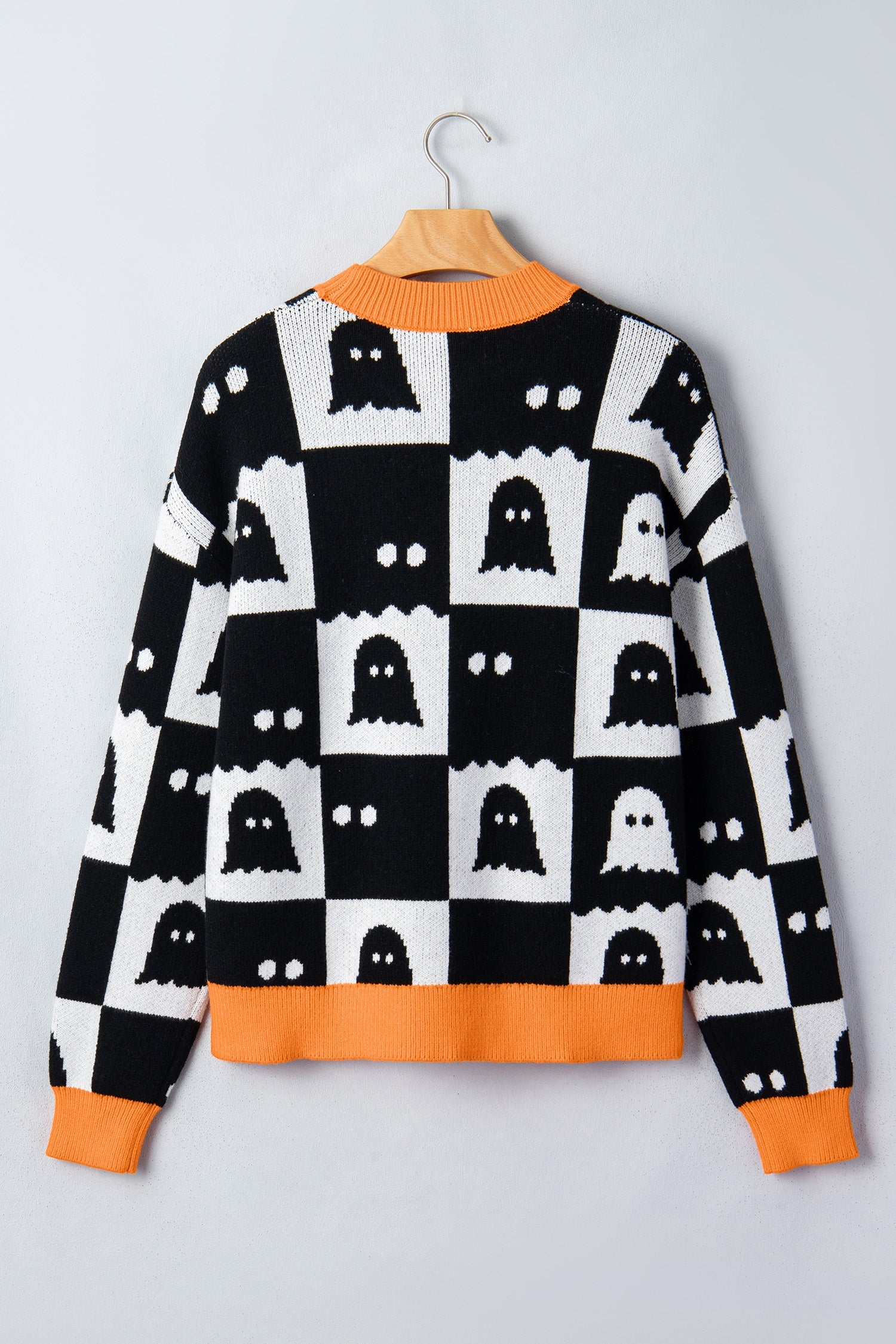 Halloween Ghost Checker High Neck Drop Shoulder Sweater