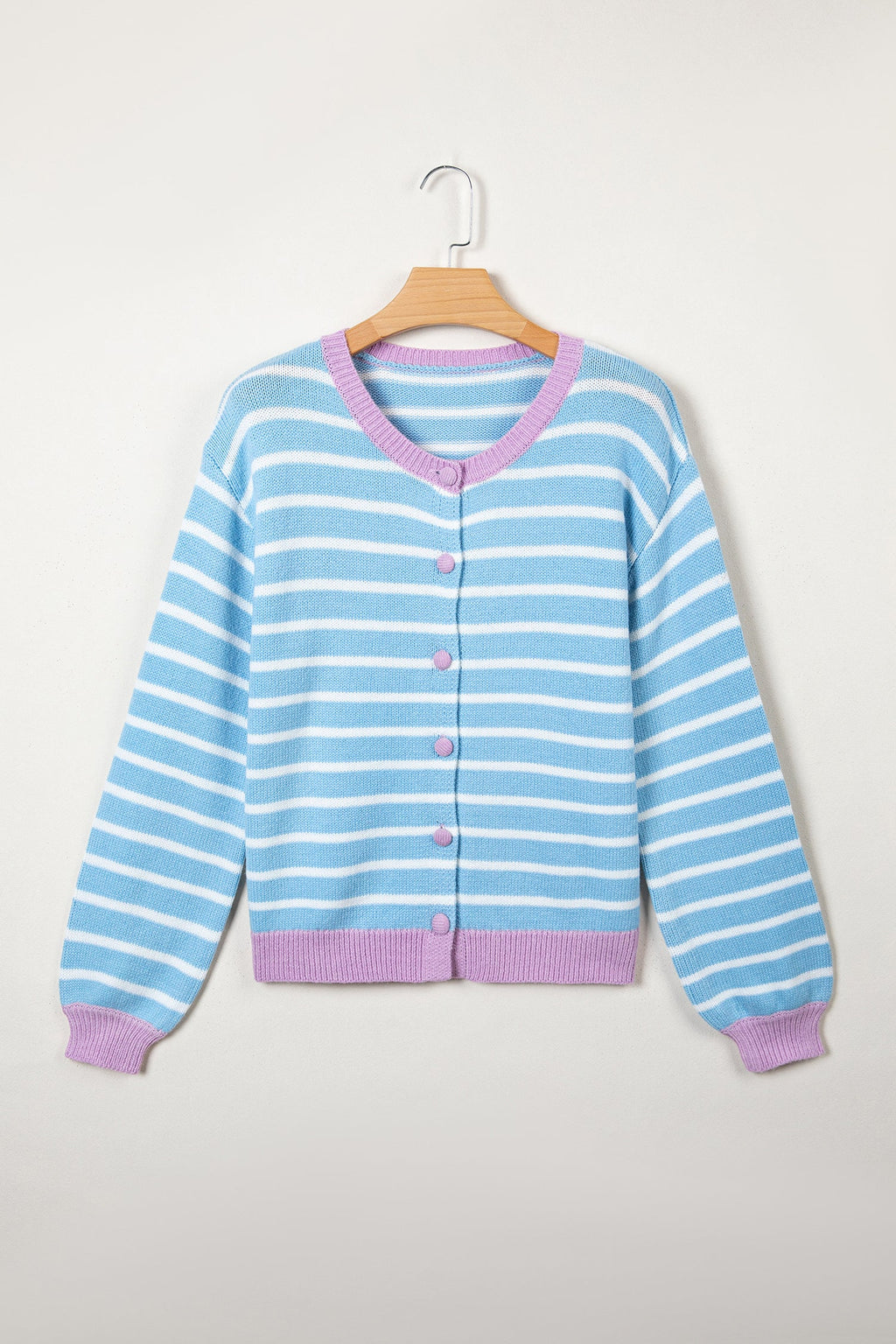 Stripe Long Sleeve Round Neck Open Front Cardigan