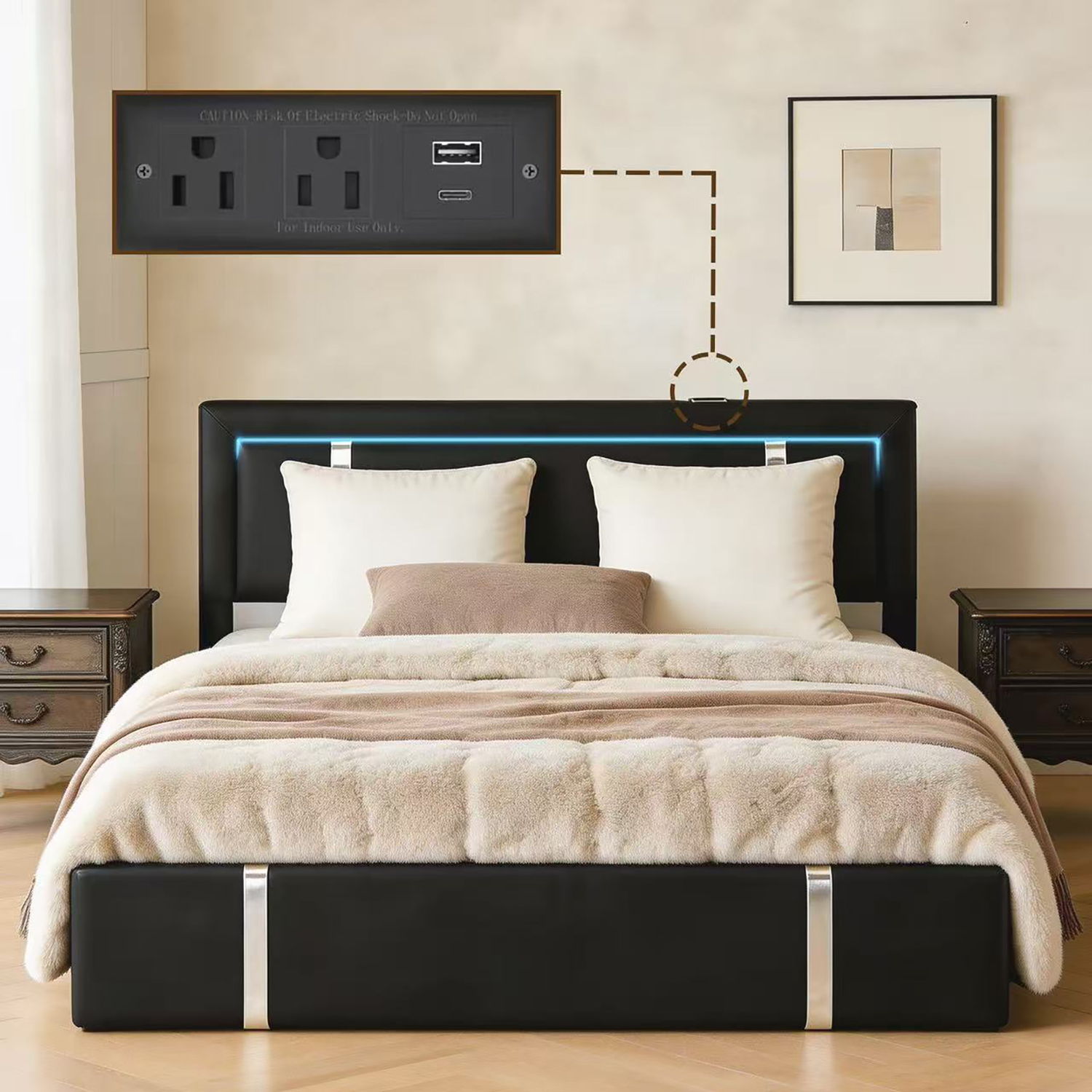Upholstered Platform Bed Frame With Adjustable LED Headboard, USB C-Charging, Hydraulic Lift