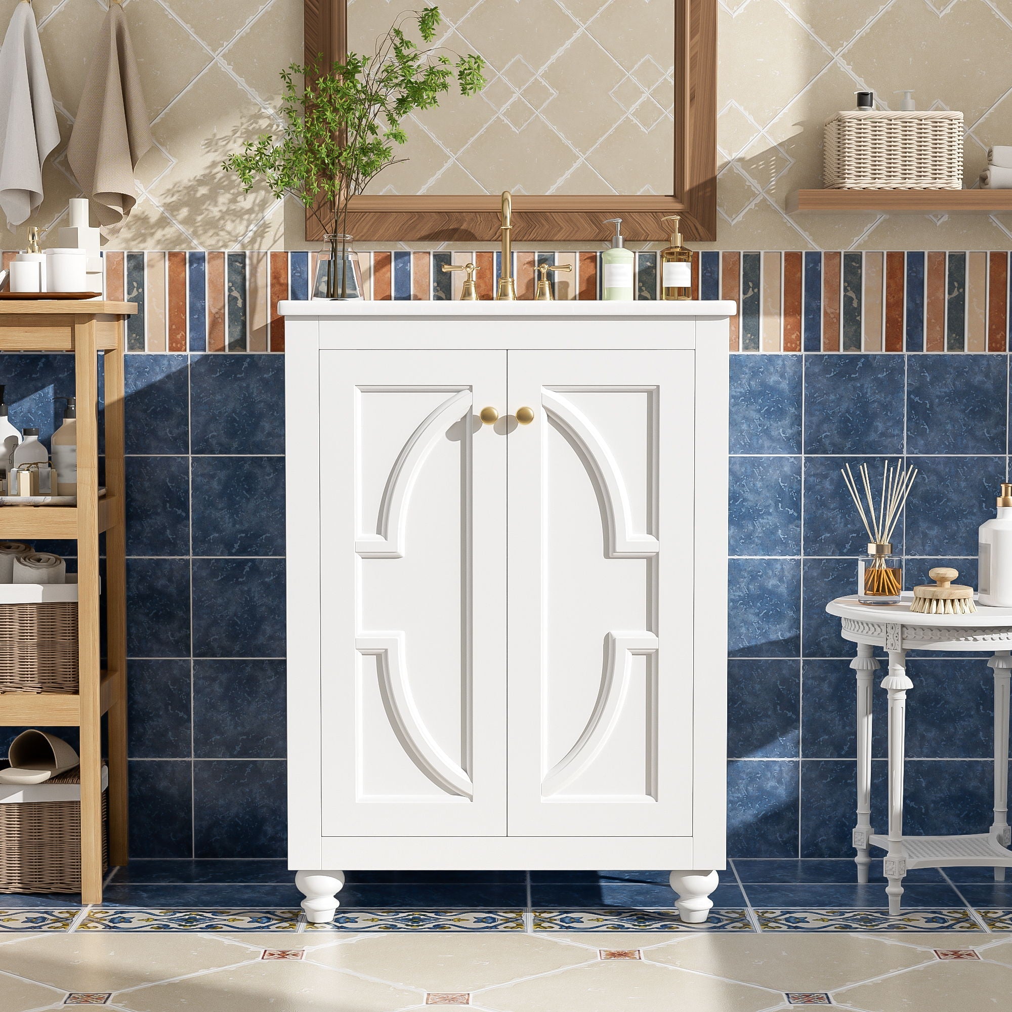 Bathroom Vanity With Ornate Elliptical Motif, Soft Close Hinges