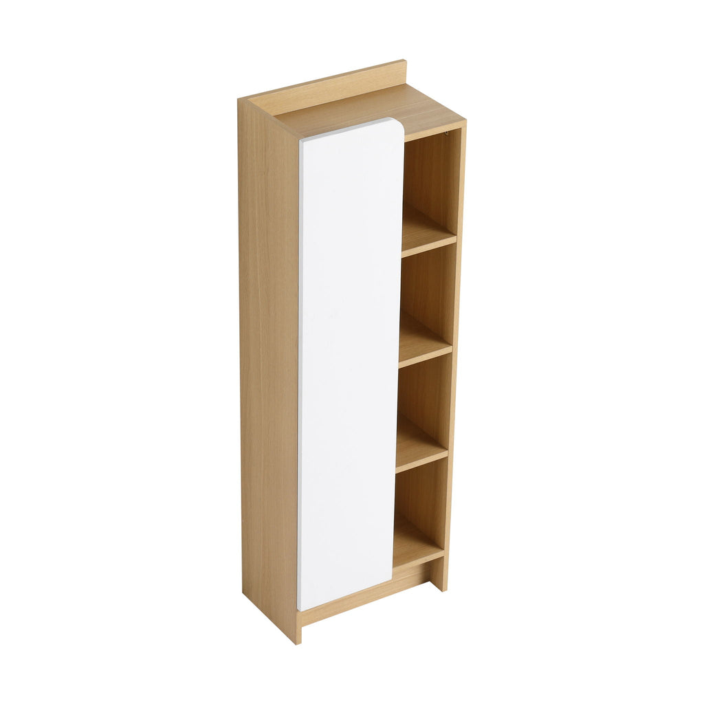 Tall Freestanding Bathroom Side Cabinet With Single Door & 4 Tier Open Shelves - Black / Light Oak / White