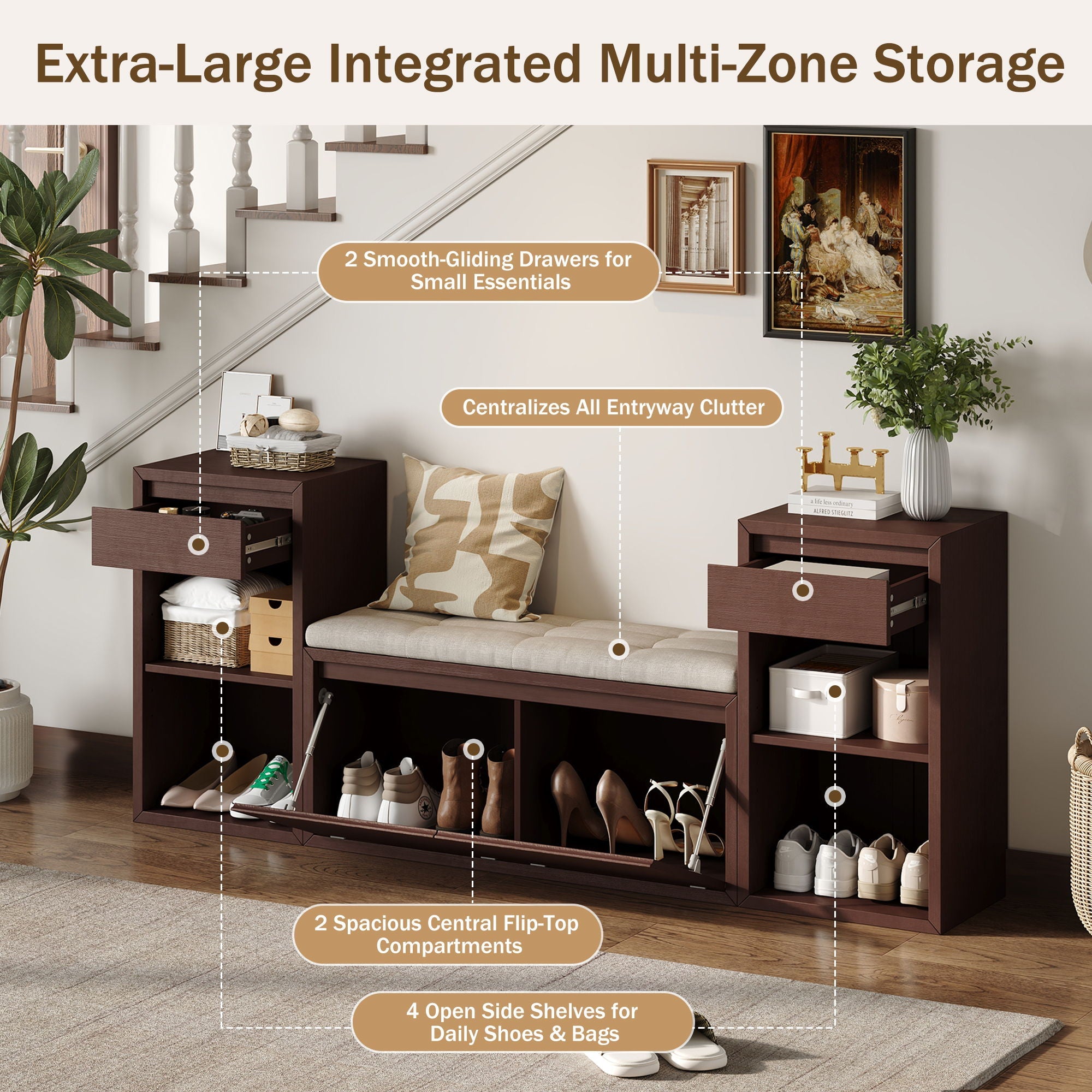 Entryway Storage Bench With Cushion, Drawers & Open Shelves