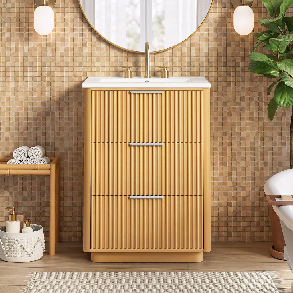 Bathroom Vanity With Sink, Open Shelf & Closed Storage - Natural Wood