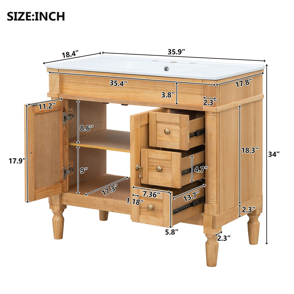 Modern Bathroom Vanity With Ceramic Sink, Soft Close Doors, Adjustable Shelves