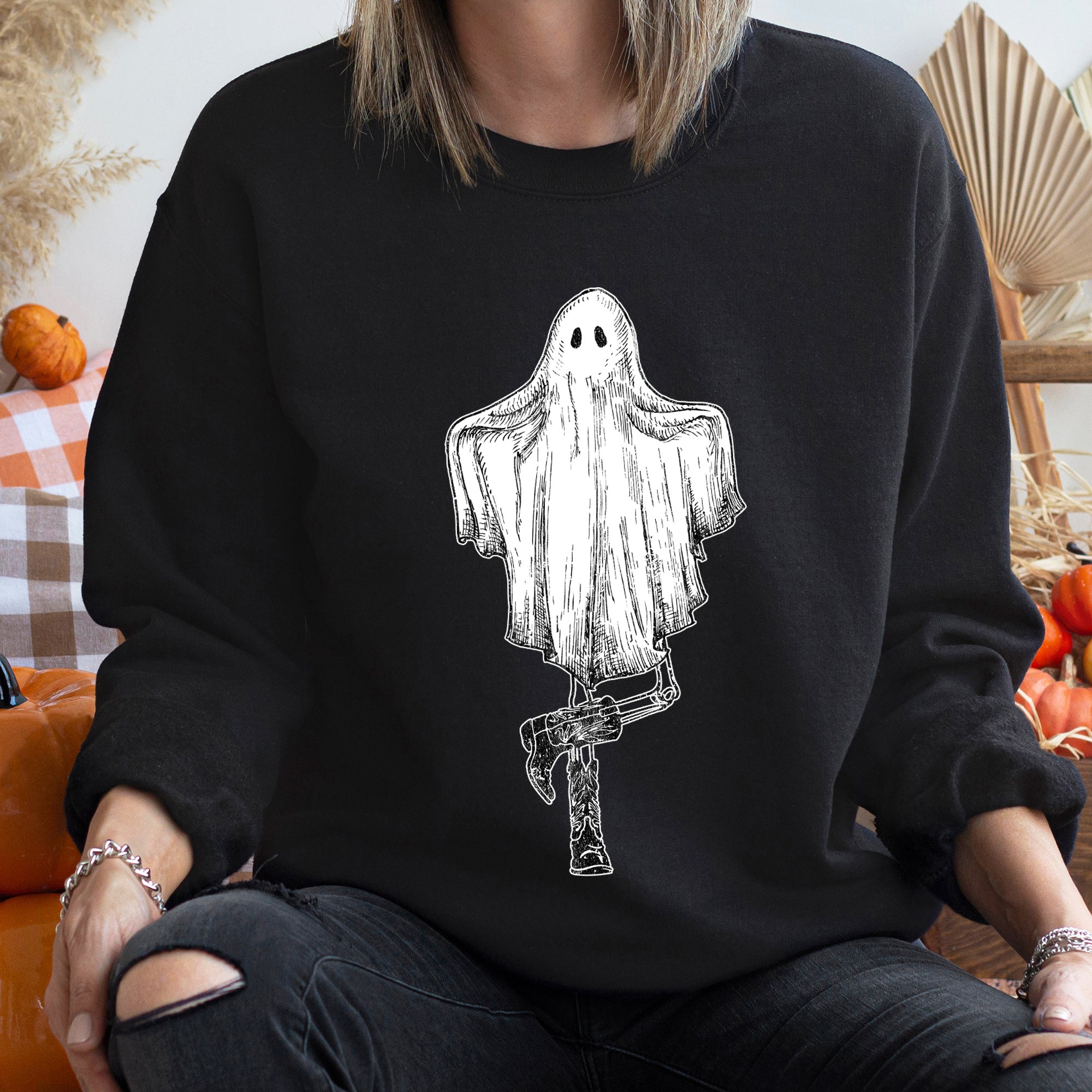 Dancing Ghost Halloween Graphic Design In Haunted Night Vintage Style Sweatshirt