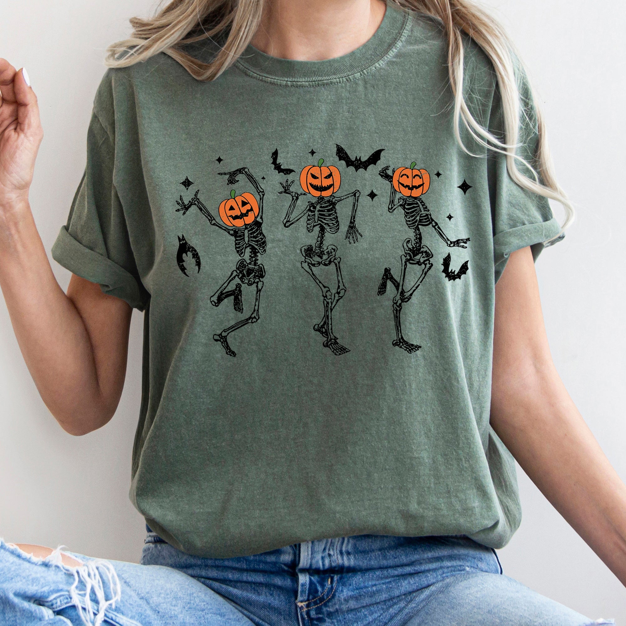 Dancing Pumpkin Skeletons Retro Halloween Night Parade Design Comfort Colors Tee