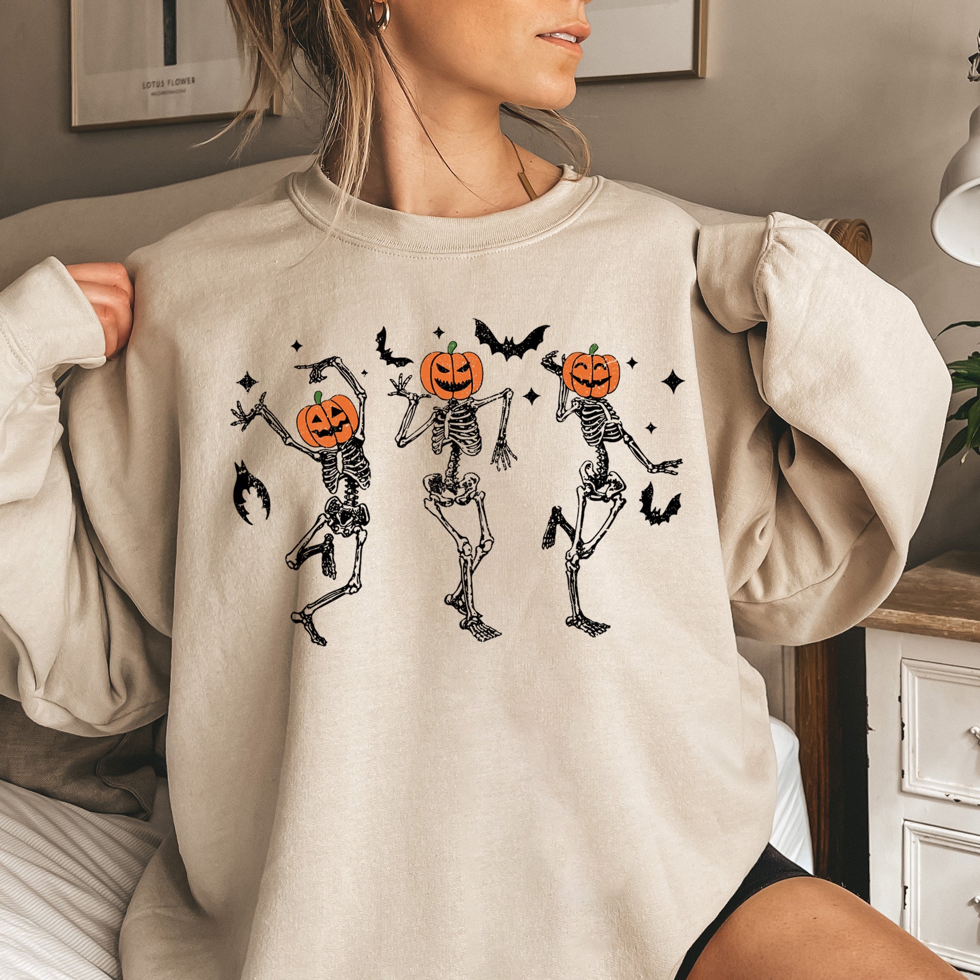 Dancing Pumpkins Halloween Night Scene With Playful Faces In Retro Autumn Graphic Sweatshirt