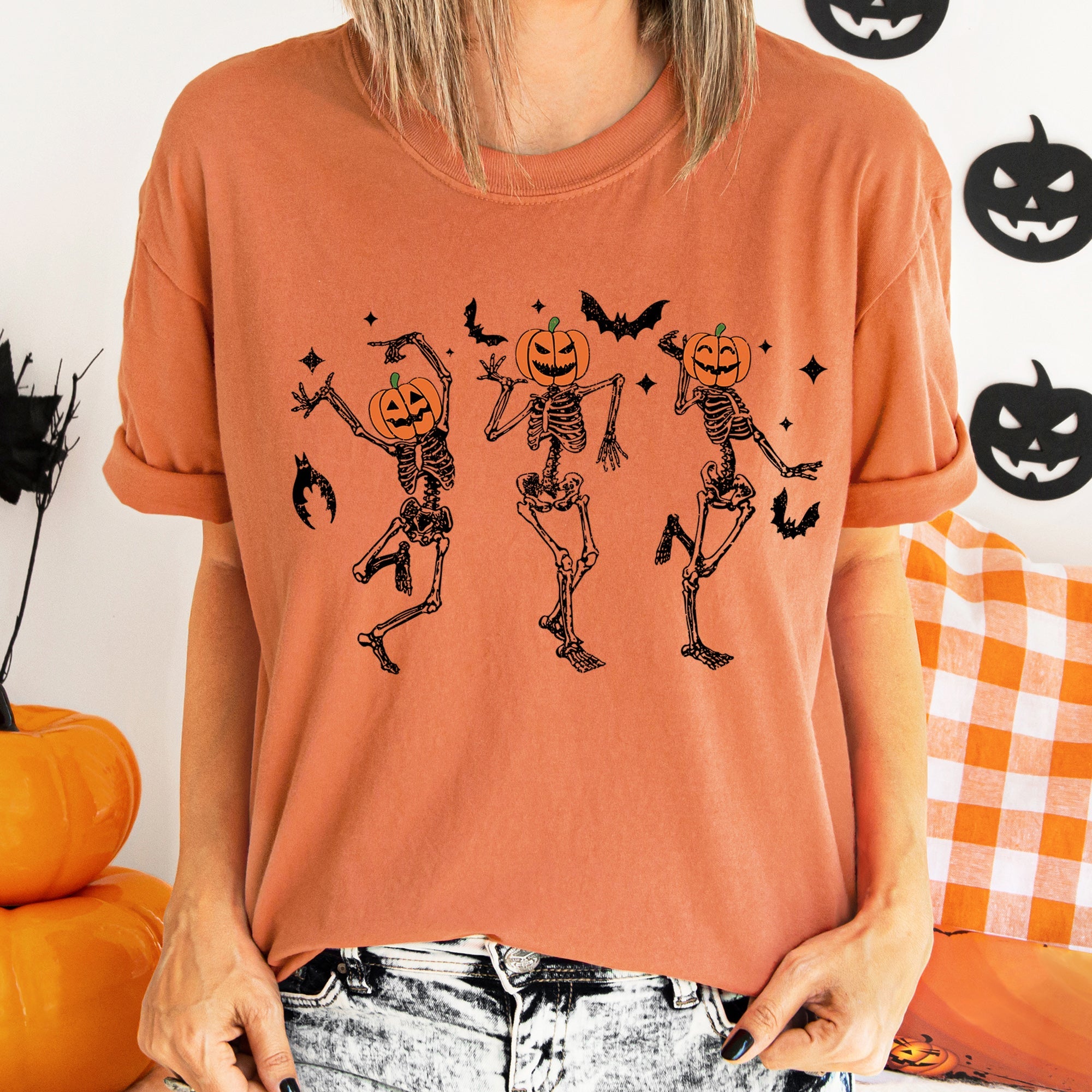Dancing Pumpkin Skeletons Retro Halloween Night Parade Design Comfort Colors Tee